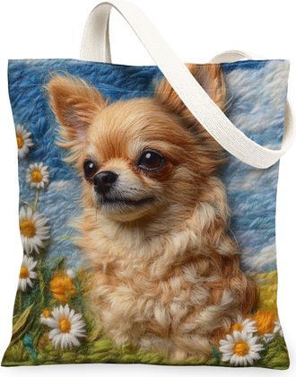 Generic Spring Chihuahua Dog Canvas Tote Bag for Shopping 13x15, Knitting Style Garden Puppy Reusable Grocery Print Pattern Bag for Women, Fun Pet Beach Aesth