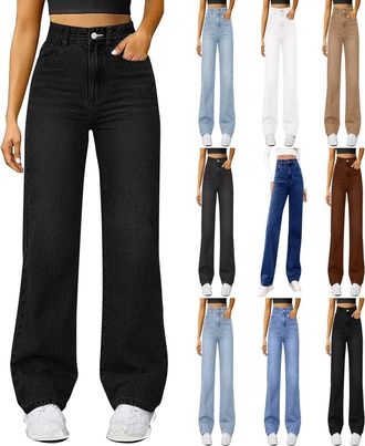 Generic Wide Leg Jeans for Women UK High Waist Flare Denim Trousers Casual Baggy Stretch Straight Leg Jeans Loosefit Y2K Slim Fit Boyfriend Denim Pants Jegger