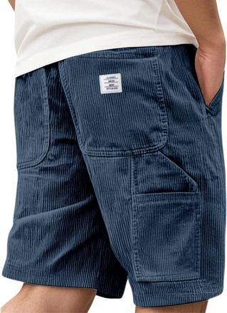Generic Mens Corduroy Shorts Casual Elastic Waist Drawstring Multi Pocket Embroidered Logo Retro Half Pants Lightweight Summer Beach Jogging Shorts Navy