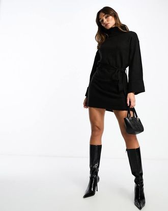 Vila turtle neck mini sweater dress with tie waist in black