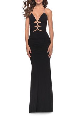 La Femme Unique Cut Out Net Jersey Prom Dress in Black at Nordstrom, Size 00