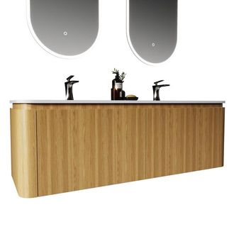 Saniclass Terra Badkamermeubelset - 140x42x45.5cm - solid surface wastafel wit mat - 2 wasbakken - 2 kraangaten - 4 lades - Sandwood (licht eiken)