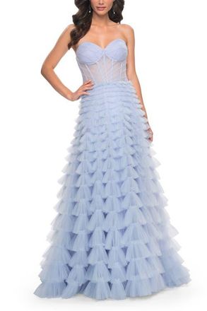 La Femme A-Line Ruffle Tulle Prom Dress with Sweetheart Top in Light Periwinkle at Nordstrom, Size 10