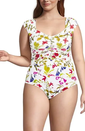 Lands End Ruched Cap Sleeve Tankini Top in White Multi Garden Floral at Nordstrom, Size 24W