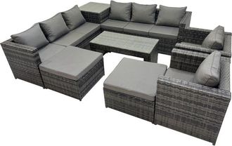 Fimous Fimous Garden Rattan Outdoor Furniture Set 10 Seater Patio Corner Sofa Oblong Coffee Table with Chair 2 Big Stool Side Table Dark Grey
