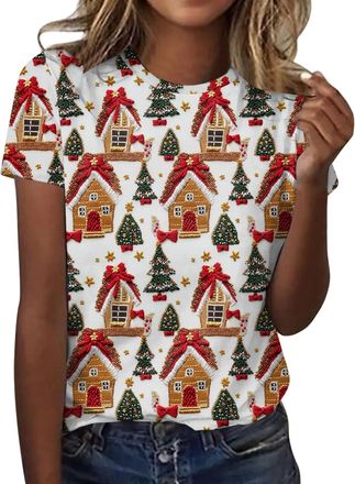 Generic Women Christmas Shirts Funny Graphic Xmas Holiday Short Sleeve Tops Cute Tees Crewneck Plus Size T-Shirts Casual Dressy Blouse Xmas Holiday Party Tshi