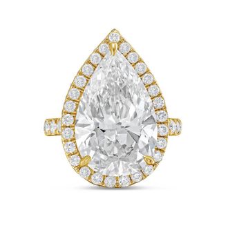 Diana M. Jewels 18kt yellow gold 8cts pear lab grown diamond halo ring with pave band