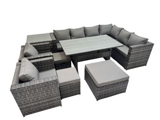 Fimous 11 Seater Patio Dining Corner Sofa Sets with 2 Chairs 3 Stools in Dark Grey
