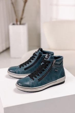 Remonte Schn&uuml;rboots REMONTE, Damen, Gr. 36, blau (petrol), Leder, Lederimitat, Schuhe Schn&uuml;rboots, Plateau, Schn&uuml;rstiefelette, Boots in Crash-Optik