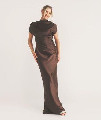 Six Stories Batwing High Neck Satin Bridesmaid Dress in Chocolate at Nordstrom, Size 10