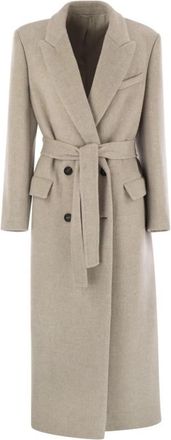 Brunello Cucinelli Dubbelrijige wollen en kasjmieren jas - Dames - Jas met riem - Beige - M - Wol - Jassen