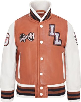 Infinity Leather Childrens Unisex Kids Letterman Varsity College Bomber Jacket - Tan Lamb Leather - Size 12-13Y
