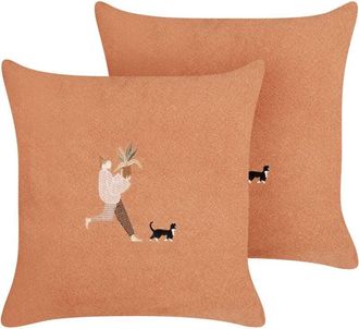 Beliani Conjunto De 2 Cojines Con Bordado 45 X 45 Cm Fundas Extra&iacute;bles Accesorio Para El Hogar Sala De Estar Naranja Marigold