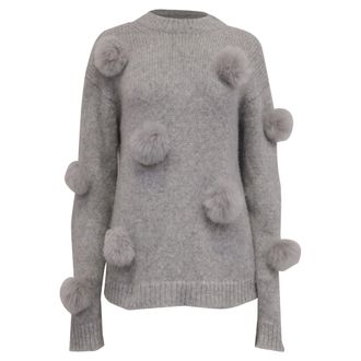 Tibi Fur Pom-Pom Embellished Knitted Sweater in Grey Alpaca Wool
