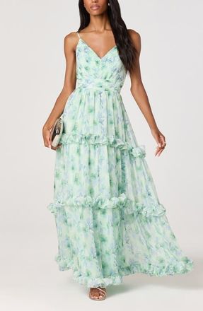 ASTR the Label Ayanna Floral Ruffle Trim Maxi Dress in Green Floral at Nordstrom, Size Small