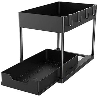 OEM Estante Extra&iacute;ble Para Especias De 2 Niveles Crezuo, Organizador Deslizante De Acero Inoxidable Negro Con Soporte Para Palillos Para Armarios De Cocin