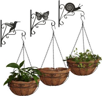 Relaxdays Relaxdays - Juego De Flores De 6 Piezas, 3 Ganchos Con Motivos Animales, Ampolla Colgante, 3 Cestas, Ganchos De Pared