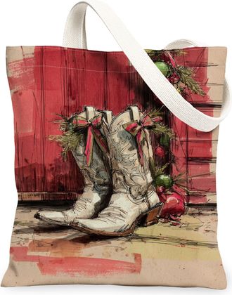 Generic Christmas Vintage Boots Canvas Tote Bags, Rustic Holiday Decor Pattern Reusable Grocery Bags, Winter Lightweight Washable S, Beige, 13x15 Inch