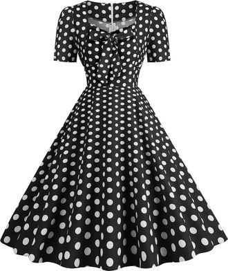 Generic 1950s Rockabilly Dresses for Women Retro Sweetheart Neck Short Sleeve Flowy Gingham Dress with Front Bow Womens 50s 60s A Line Party Cocktail Tea Dres