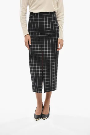 Super Blond Checked Wool Pencil Skirt With Slit Super Blond