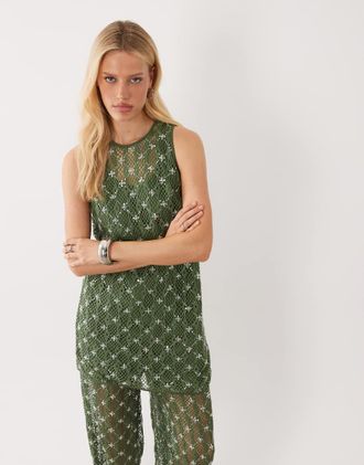 Ghospell Zuma - Vestito corto senza maniche verde scuro decorato in coordinato