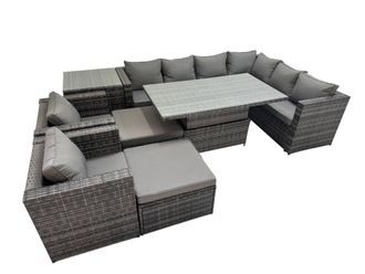 Fimous 10 Seater Rattan Corner Sofa Sets with 2 Chairs 2 Big Stool Side Table in Dark Grey