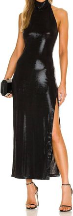 Norma Kamali Halter Turtle Side Slit Gown In Glimmer Black