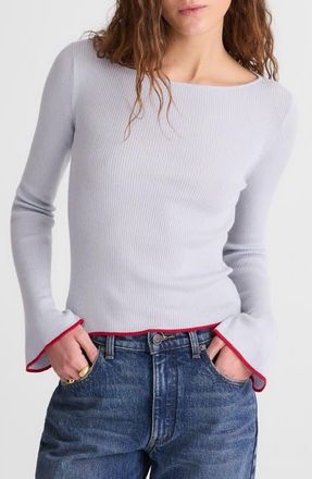 Madewell Boat Neck Flare Sleeve Wool & Silk Sweater in Soft Blue With Red Tipping at Nordstrom, Size Xx-Large