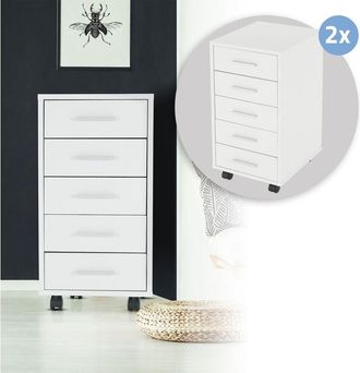 ML Design Ml-design - 2x Archivadores Para Oficina Con 5 Cajones 33x38x63,5 Cm Blanco C&oacute;moda Hecha De Madera Revestida De Resina De Melamina Mueble M&oacute;vil Gabine