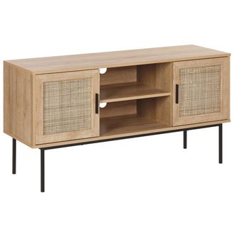 Beliani Beliani - Mueble De Tv Con 2 Puertas Madera Clara Frente De Rat&aacute;n Natural 120 X 63 Cm Patas De Metal Mimbre Estilo Boho Pasco