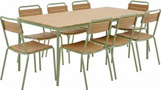 Oviala Conjunto de mesa de jard&iacute;n de metal y polywood y 8 sillas verdes