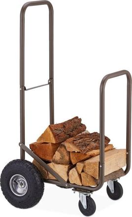 Relaxdays Carro Para Le&ntilde;a Con Neum&aacute;ticos, Le&ntilde;ero Rondante Para Hasta 60 Kg, Carretilla Troncos De 33 Cm, Acero, Marr&oacute;n - Relaxdays