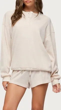 Edikted Baila Waffle Knit Henley Top in Stone at Nordstrom, Size X-Small