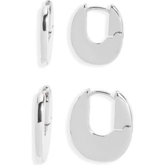 Open Edit 2 Pairs of Polished Huggie Hoop Earrings in Silver at Nordstrom