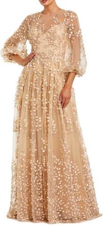 Mac Duggal Embroidered Puff Sleeve A-Line Gown in Champagne at Nordstrom, Size 10