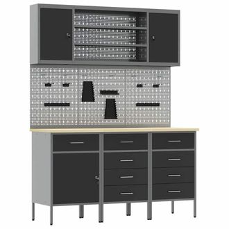 vidaXL Banco Da Lavoro Con Blocco 7 Pcs Nero 150 X 55 X 200 Cm Acciaio Vidaxl