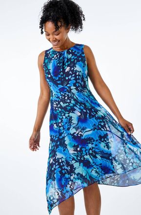Roman Floral Hanky Hem Asymmetric Midi Dress