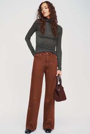 LE JEAN Column Studded High Rise Wide Leg Jeans