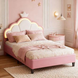 OEM Pocketpop- Cama Infantil, Cama De Corona, Cama Individual, Somier De Lamas, Led, Blanco Y Rosa (190x90cm), Sin Colch&oacute;n, Estructura De Cama