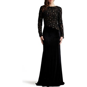 Tadashi Shoji Sequin Lace Bodice Long Sleeve Velvet Gown in Black/Nude at Nordstrom, Size 14