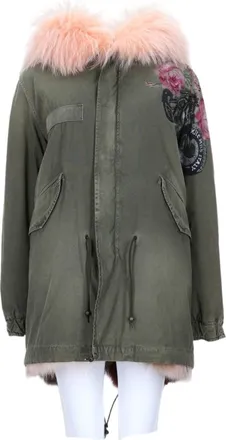 Mr & Mrs Italy Classic Military Green Cotton Parka With Fluffy Pink Fur Collar