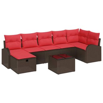 vidaXL Juego De Sof&aacute; Con Coj&iacute;n 8 Pcs Marr&oacute;n Y Rojo Rat&aacute;n Sint&eacute;tico Vidaxl