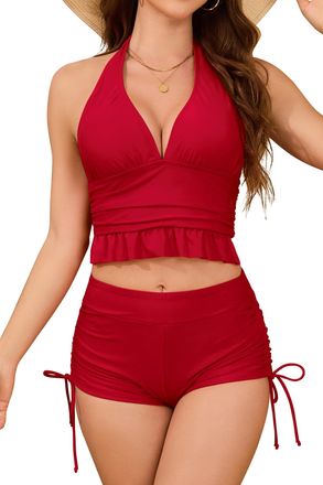 SHEKINI Womens Two Piece Bikini Sets Deep V Halter Neck Swimsuit High Waisted Ruched Side Bikini Bottom Plus Size Swimwear Bathing Suit Red
