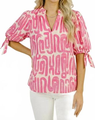 THML Clothing Callie Abstract Print Tie Sleeve Blouse In Pink