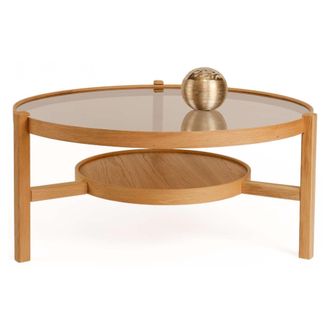 Dmora Mesa De Centro Olzai, Un Compartimento, Tapa De Vidrio Templado, Forma Redonda, 100x100x48h Cm Roble Marr&oacute;n