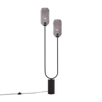 QAZQA L&aacute;mpara de pie negra con 2 luces y cristal ahumado