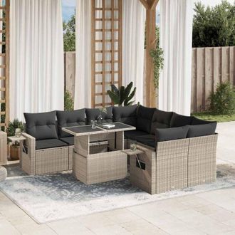 vidaXL Set Muebles Jard&iacute;n 9 Pzas Y Cojines Rat&aacute;n Sint&eacute;tico Gris Claro Vidaxl