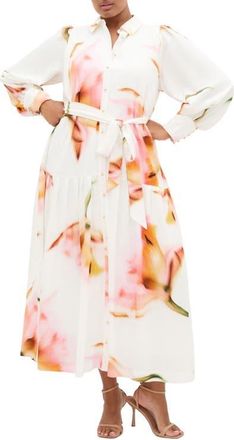 City Chic Maxi Floral Satin Maxi Shirtdress in Summer Fleur at Nordstrom, Size Xxxs