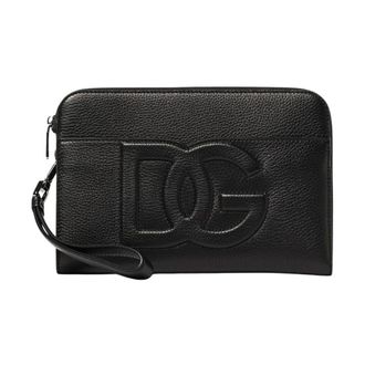 Dolce & Gabbana Tassen, Heren, Zwart, ONE Size, Leer, Leren Clutch met Logo in Reliëf