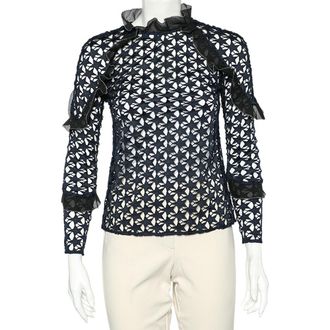 Self Portrait Navy Blue Star Lace Ruffled Top